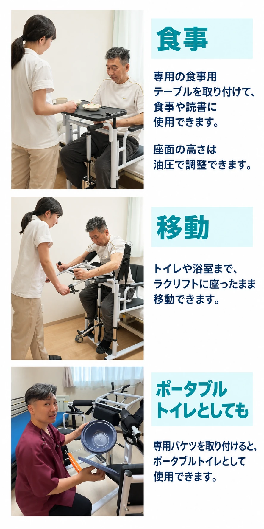 食事：専用の食事用テーブルを取り付けて、食事や読書に使用できます。座面の高さは油圧で調整できます。移動：トイレや浴室まで、ラクリフトに座ったまま移動できます。ポータブルトイレとしても：専用バケツを取り付けると、ポータブルトイレとして使用できます。